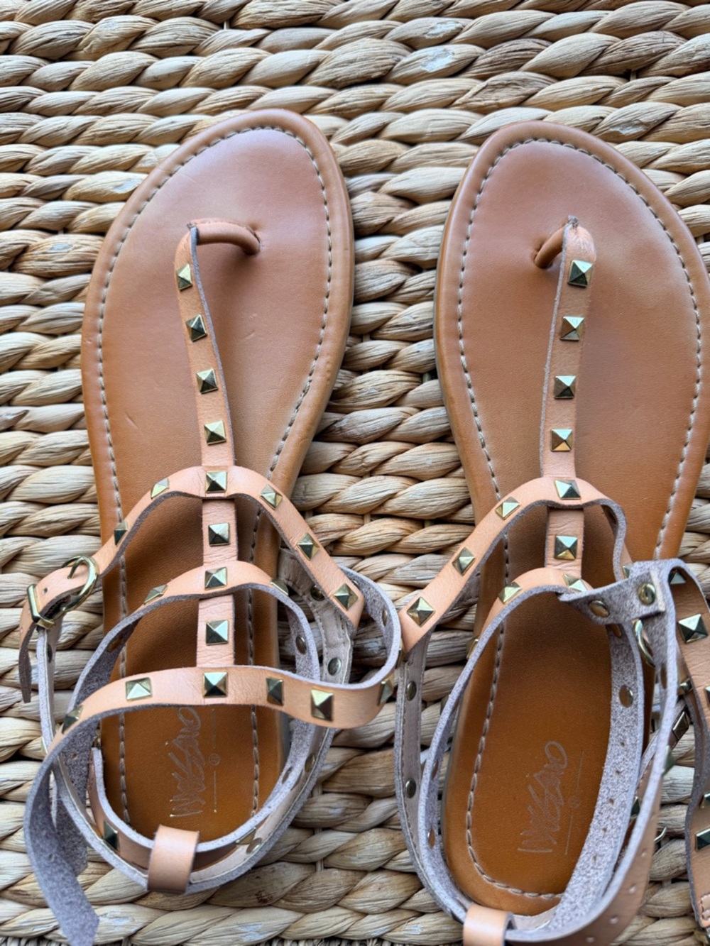 Studded Tan Leather T-Strap Sandals